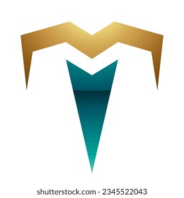 Persian Green and Gold Glossy Letter T Icon with Pointy Tips on a White Background