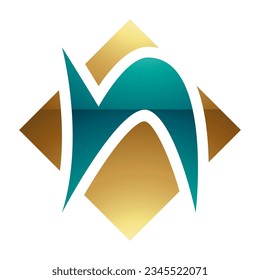 Persian Green and Gold Glossy Letter N Icon with a Square Diamond Shape on a White Background