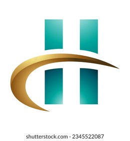 Persian Green and Gold Glossy Letter H Icon with Vertical Rectangles and a Swoosh on a White Background