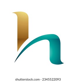 Persian Green and Gold Glossy Letter H Icon with Round Spiky Lines on a White Background