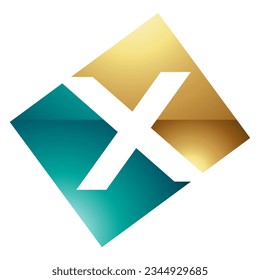 Persian Green and Gold Glossy Rectangle Shaped Letter X Icon on a White Background
