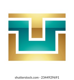 Persian Green and Gold Glossy Rectangle Shaped Letter U Icon on a White Background