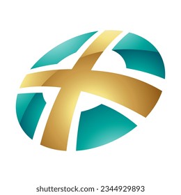 Persian Green and Gold Glossy Round Shaped Letter X Icon on a White Background
