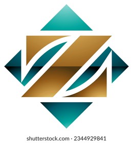 Persian Green and Gold Glossy Square Diamond Shaped Letter Z Icon on a White Background