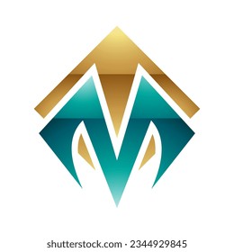 Persian Green and Gold Glossy Square Diamond Shaped Letter M Icon on a White Background