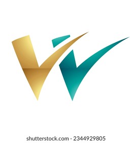 Persian Green and Gold Glossy Tick Shaped Letter W Icon on a White Background