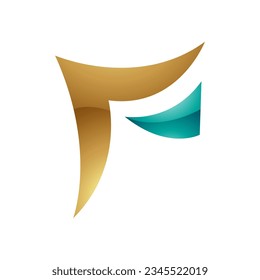Persian Green and Golden Wavy Glossy Paper Shaped Letter F Icon on a White Background