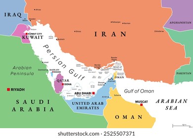 Região do Golfo Pérsico, mapa político multicolorido. Golfo Árabe, um mar na Ásia Ocidental, localizado entre o Irã e a Península Arábica, ligado ao Golfo de Omã no leste pelo Estreito de Ormuz.