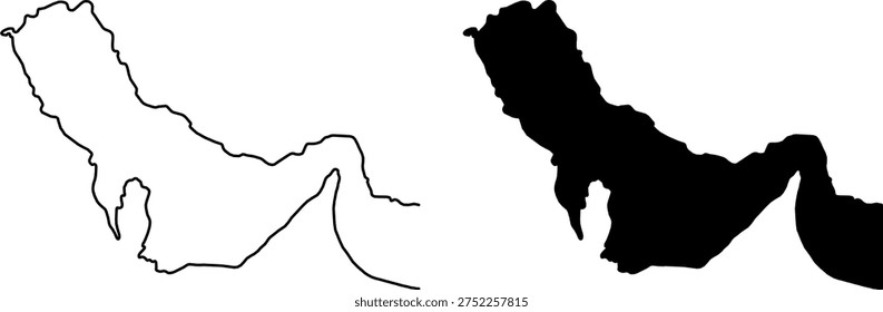 Persian Gulf and Strait of Hormuz map outline and silhouette, Middle East flat vector icon