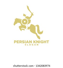 persian knight riding horse use shield and sword with negative space gold color style logo icon designs vector illustration template