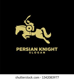 persian knight riding horse use shield and sword with negative space gold color style logo icon designs vector illustration template