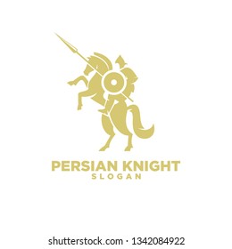 persian knight riding horse use shield and spear with negative space style logo icon designs vector illustration template