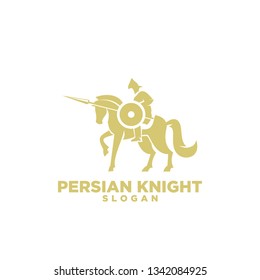 persian knight riding horse use shield and spear with negative space style logo icon designs vector illustration template