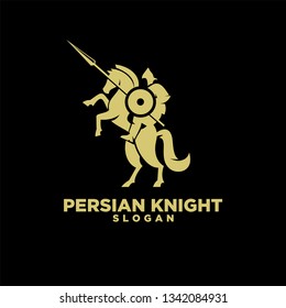 persian knight riding horse use shield and spear with negative space style logo icon designs vector illustration template