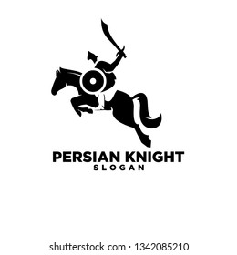 persian knight riding horse use shield and sword with negative space style logo icon designs vector illustration template