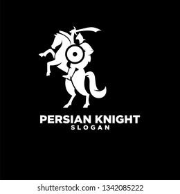 persian knight riding horse use shield and sword with negative space style logo icon designs vector illustration template
