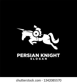 persian knight riding horse use shield and spear with negative space style logo icon designs vector illustration template