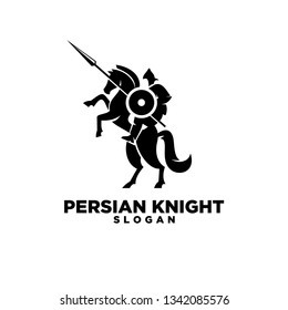 persian knight riding horse use shield and spear with negative space style logo icon designs vector illustration template