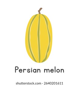 Persian melon flat vector illustration. Yellow Persian melon with green stripes cartoon clipart style isolated on white background. Melon and Gourd concept