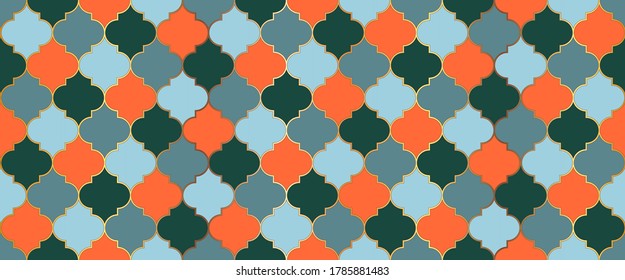 Persian Mosque Window Tile. Moroccan Seamless Texture Eid Mubarak Islamic Decoration. Ramadan Kareem Muslim Background. Moroccan Seamless Mosaic Pattern. Ramadan Traditional Mosque Golden Grid.
