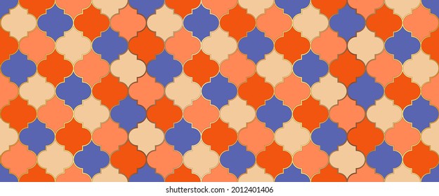 Persian Mosque Window Tile. Seamless Moroccan Mosaic Design. Moroccan Seamless Ornament Ramadan Kareem Islamic Background. Eid Mubarak Muslim Decoration. Ramadan Traditional Golden Mosque Grid.
