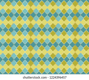 Persian Mosque Window Vector Seamless Pattern. Ramadan mubarak muslim background. Traditional ramadan mosque vector pattern with gold grid. Rich islamic window grid design of lantern shapes tiles.