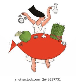 Persian Nowruz Digital Illustration – Woman with Red Fish and Haft Sin Items for Iranian New Year Celebration