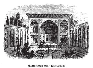 Palacio persa, un comedor luminoso y con suelo de baldosa y sillas de retroceso, dibujo vintage o ilustración de grabado.