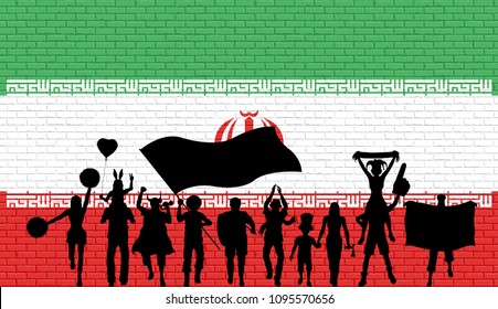 Persian supporter silhouette in front of brick wall with Iran flag. All the objects, silhouettes and the brick wall are in different layers. 