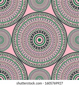 Persian vintage motifs seamless pattern. Circle medallion mandala abstract flowers. Fabric print template. Fashion or interior pattern. Floral geometric circular seamless ornament.