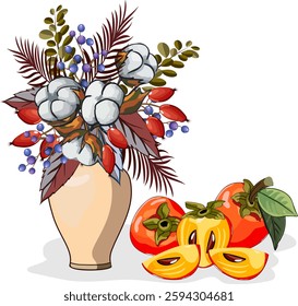 Persimmon and a bouquet with cotton in a vase.Vector illustration with ripe persimmon and bouquet of cotton and berries in vase on transparent background.
