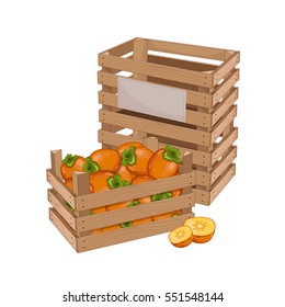 Persimmon in box. Empty wooden box for storage fresh ripe persimmon fruit. Vector illustration isolated on white background
