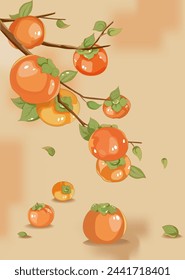 Persimmon branch. Beautiful vector illustration on the theme of nature, fruits, botany. Bright fruits. Can be used for product decoration, banner and much more. 