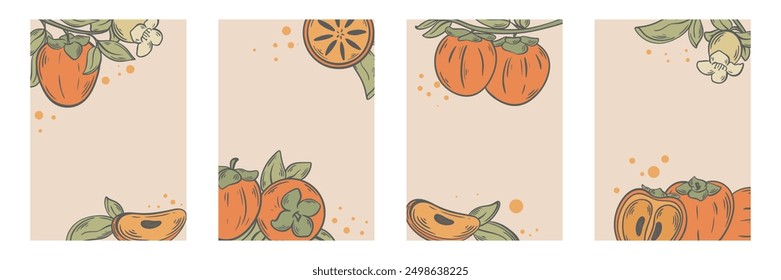 Persimmon branches with flowers and fruits on light background. Vertical template with ripe fresh persimmon fruits for flyer, card, wall art and other design, vector graphics