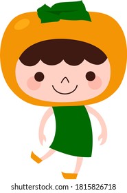 Persimmon character. Illustration of a child wearing a fruit persimmon headgear and dancing happily.