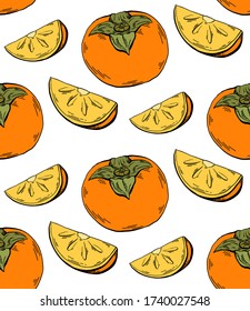 Persimmon color sketch seamless contour pattern on white background. Healthy food with fruits and slices. Vector colorful texture for fabrics, wallpapers and your creativity.