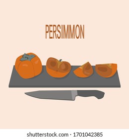 Persimmon cut on a cutting board with a knife. Fresh whole, half and quartered persimmon. Healthy eating concept.