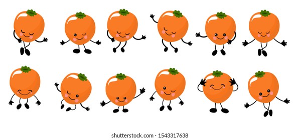 Persimmon. Cute character cheerful with arms and legs. Orange color. Set of fruits isolated on a white background.