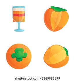 Persimmon dessert icons set cartoon vector. Pudding with persimmon in glass. Healthy nutrition