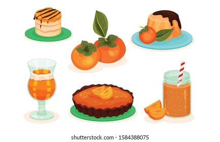 Persimmon Desserts Collection, Smoothie, Cupcake, Pudding, Pie and Glass of Juice Vector Illustration