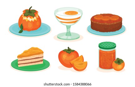 Persimmon Desserts Collection, Stuffed Fruit, Cake, Sorbet, Jam Jar Vector Illustration