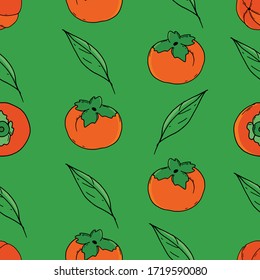 Persimmon endless vector background. Thin line black kaki fruit icon. Ripe bright pattern for printing on textiles, paper, wallpaper, packaging.