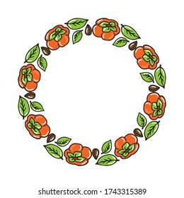 Persimmon fruit border isolated on white background. Hand drawn style. Vector illustration. Design element for leaflet, booklet, poster, sticker.