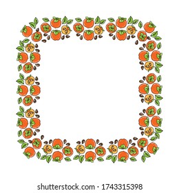 Persimmon fruit border isolated on white background. Hand drawn style. Vector illustration. Design element for leaflet, booklet, poster, sticker.