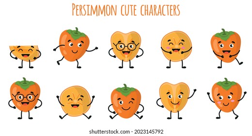 Persimmon fruit cute funny cheerful characters with different poses and emotions. Natural vitamin antioxidant detox food collection. Vector cartoon isolated illustration. Children concept.