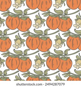 Persimmon fruit and flowers seamless pattern. Background with ripe juicy orange persimmons on branches. Fruit print for packaging, wrapping paper, design, vector graphics