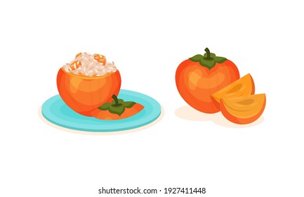 Persimmon Fruit as Fresh Juicy Dessert Food Vector Set