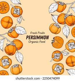 Persimmon fruit hand drawn design. Vector illustration. Design, package, brochure illustration. Persimmon fruit frame illustration. Design elements for packaging design and other.