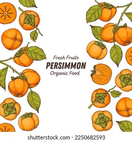 Persimmon fruit hand drawn design. Vector illustration. Design, package, brochure illustration. Persimmon fruit frame illustration. Design elements for packaging design and other.