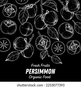 Persimmon fruit hand drawn design. Vector illustration. Design, package, brochure illustration. Persimmons fruits frame illustration. Design elements for packaging design and other.